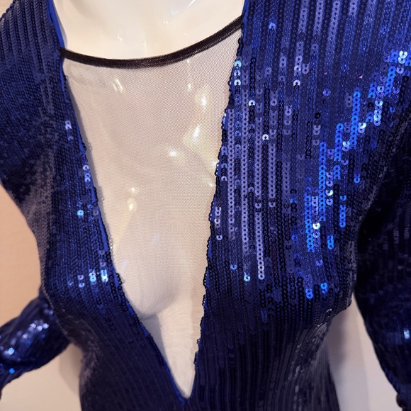 Bebe Blue Sequin Longsleeve Deep Plunge Sheer Panel Dress - Picture 8 of 12